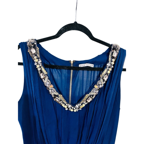 Alice and Olivia 100% Silk Rhinestone Blue Dress Size Medium Jewels Sleeveless - Picture 3 of 6
